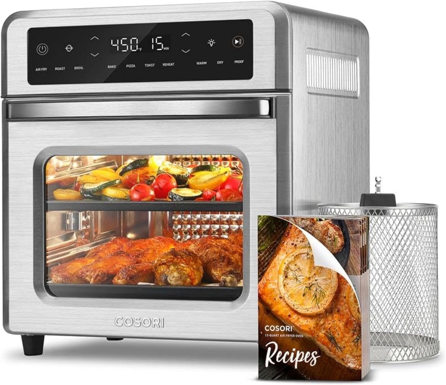 13QT 11-in-1 Air Fryer Oven, Rotisserie/Toast/Bake, Dual Heating, Silver Stainless Steel