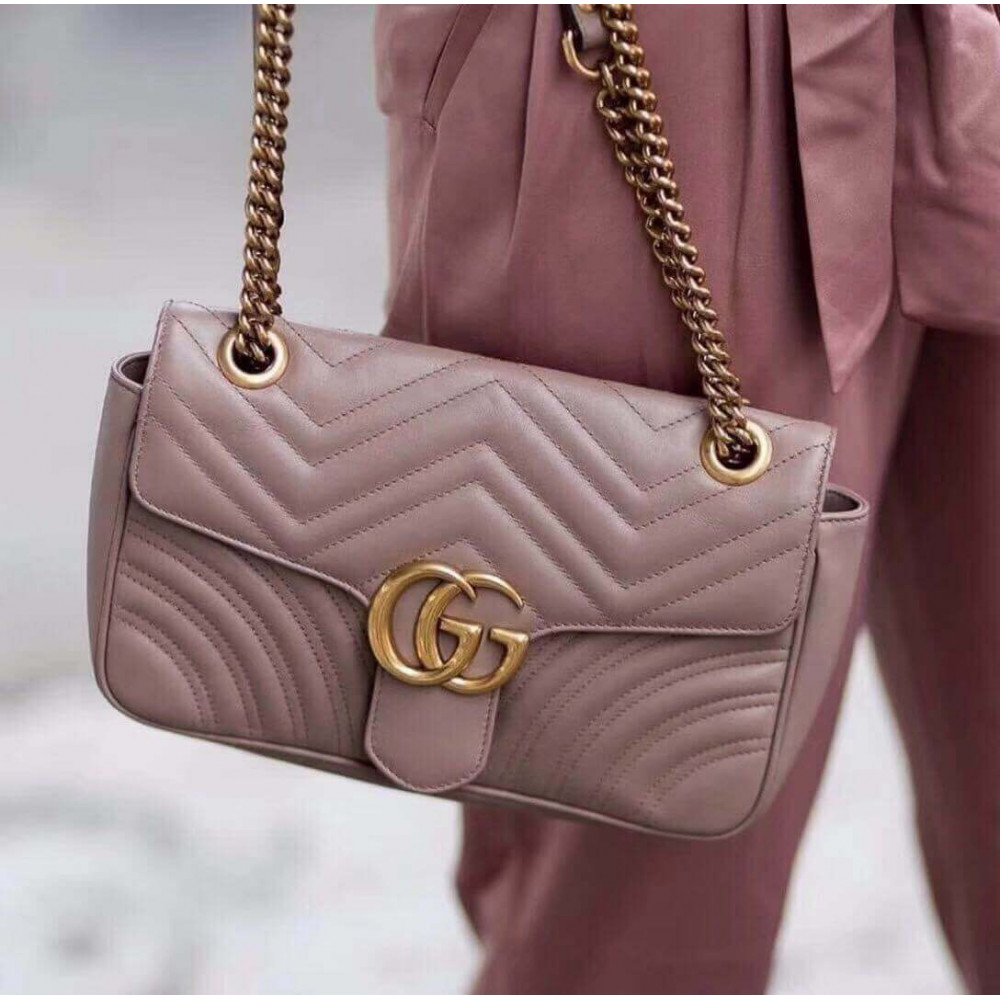 Gucci GG Marmont Matelasse Chevron Leather Small Shoulder Bag Nude Pink
