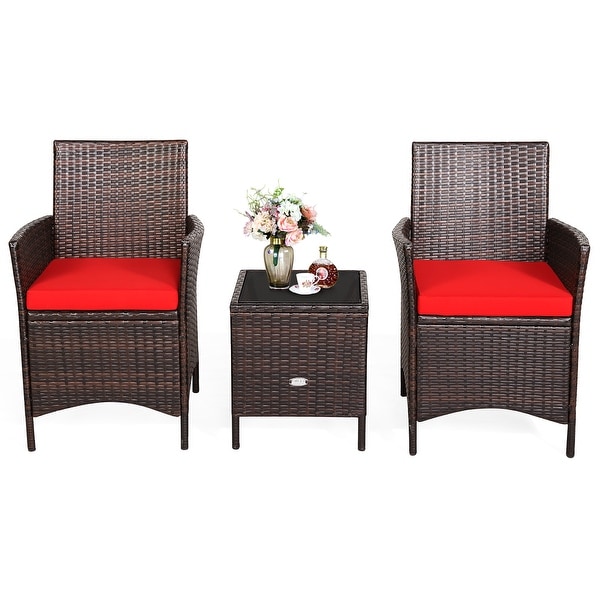 Costway 3PCS Patio Rattan Furniture Set Cushioned Sofa Glass Tabletop