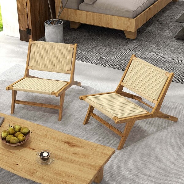 Costway Teak Wooden Chair with Braided Rope Seat and Backrest Mid