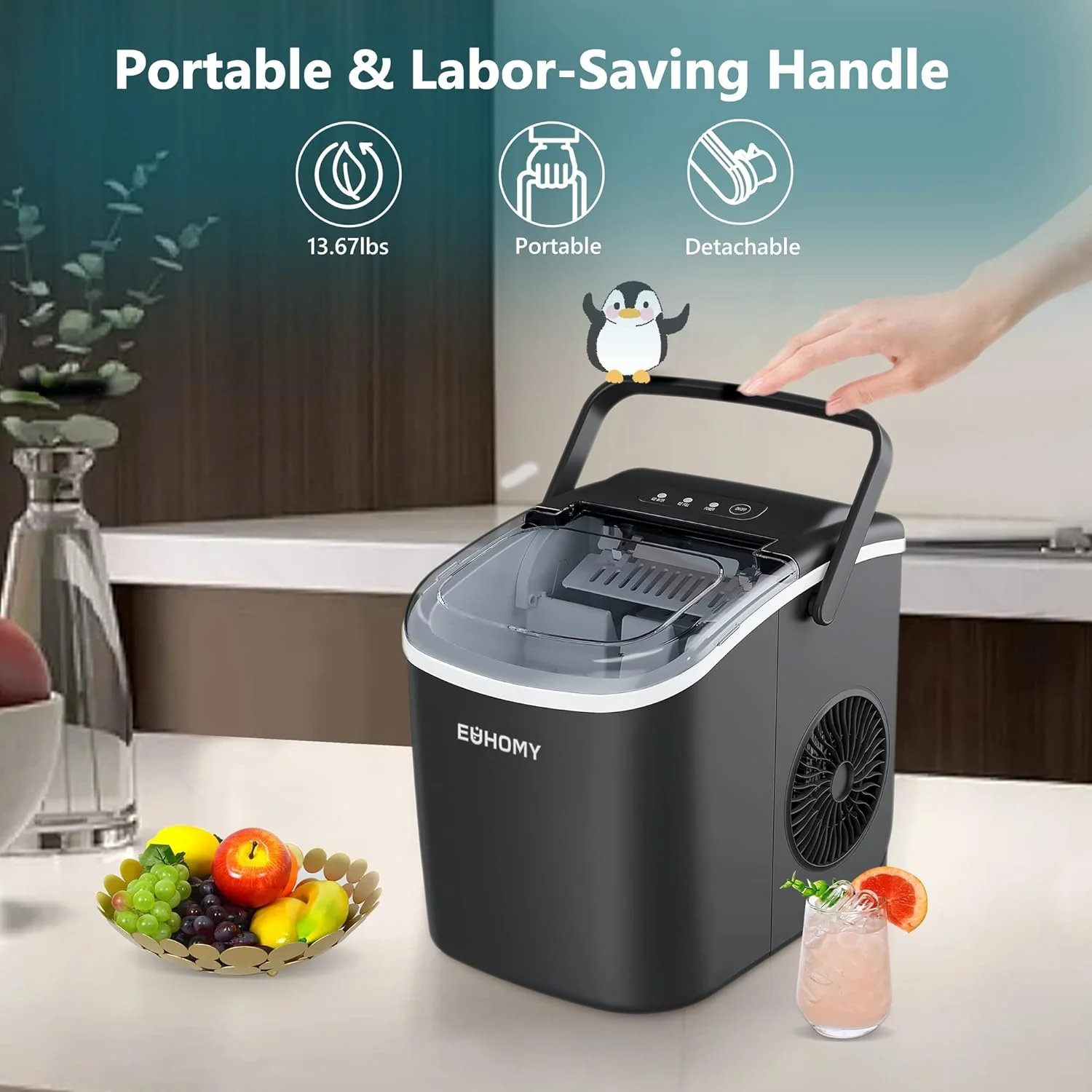 12'' Black Bullet Ice Portable Low Noise  Ice Maker with Handle