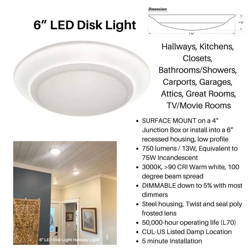 LED Flush Mount Ceiling Disk Light, 750 Lumens, 6