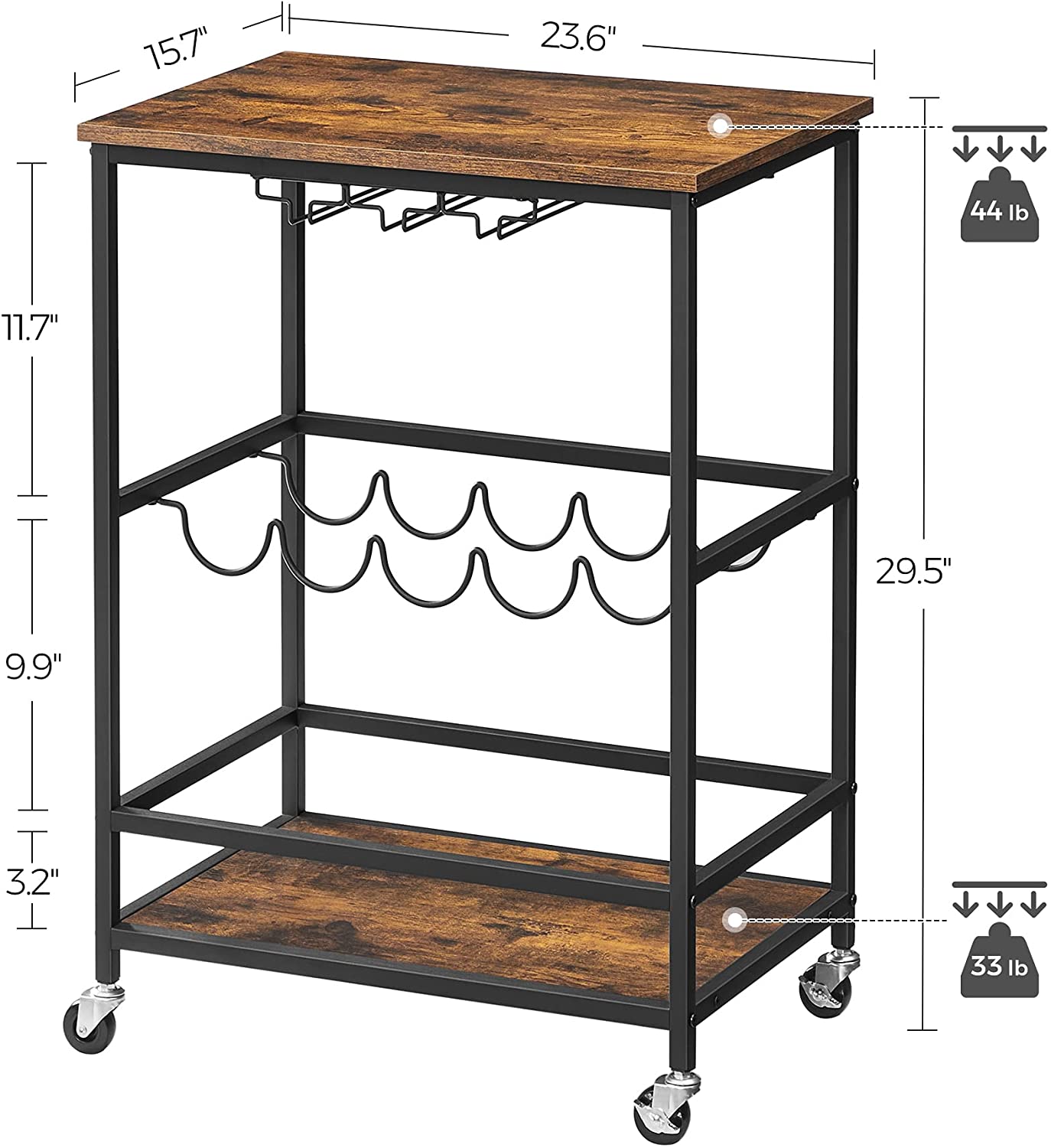 Bar Cart, Serving Cart, Industrial, Rustic Brown and Black