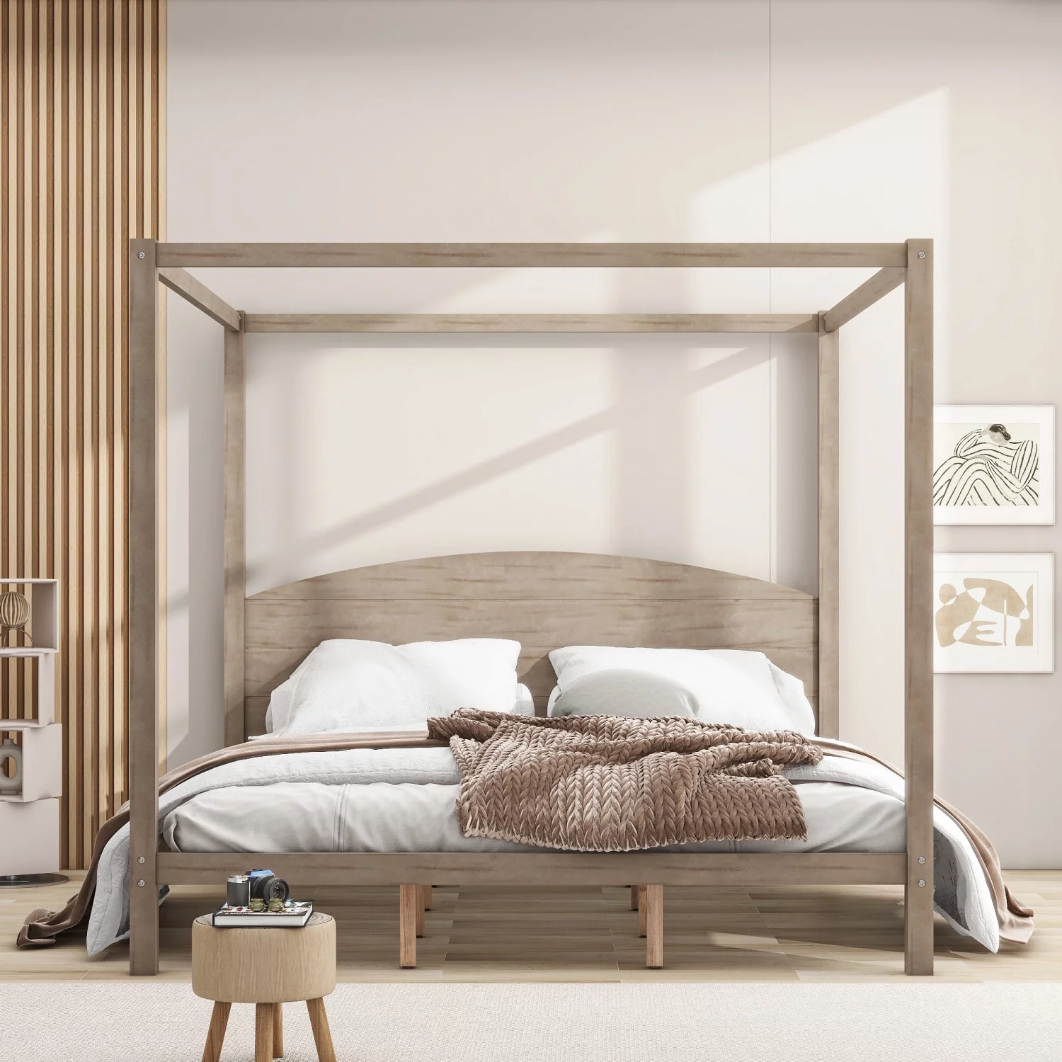 Upgrade your regal bedroom with this elegant and luxurious brown wash canopy platform king size bed. Featuring sturdy support legs and a stylish headboard this bed is the perfect additio
