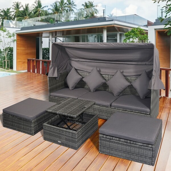 Outsunny 4 Piece Adjustable Canopy Outdoor Rattan Wicker Sofa Set with Height Adjustable Coffee Table and Cushions