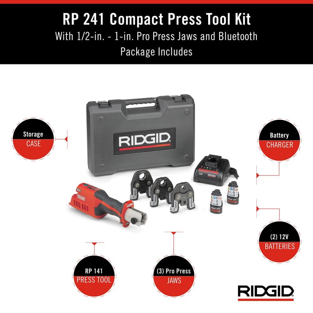 Ridgid RP 241 Compact Inline Press Tool Kit Includes 3 ProPress Jaws (1/2 in., 3/4 in., 1 in.), 2-12V Batteries, Charger + Case 57373
