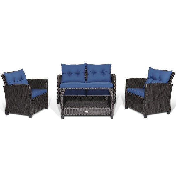 Costway 4 PCS Patio Rattan Furniture Set Glass Table Shelf Sofa