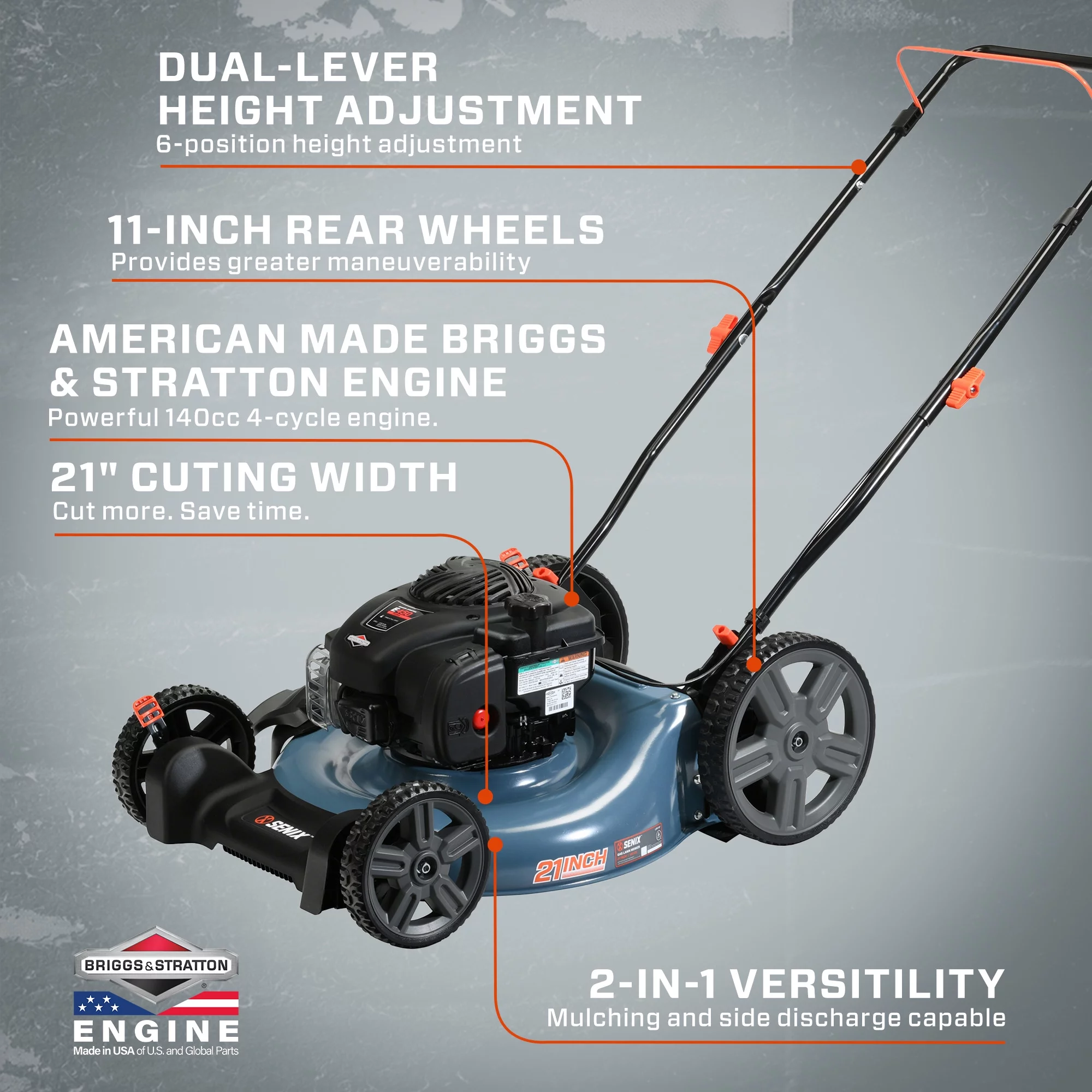 Senix Gas Push Lawn Mower, 21-Inch, 140 cc 4-Cycle Briggs & Stratton Engine, 2-in-1 Push Lawnmower, 6-Position Height Adjustment with Folding Capability, LSPG-M6