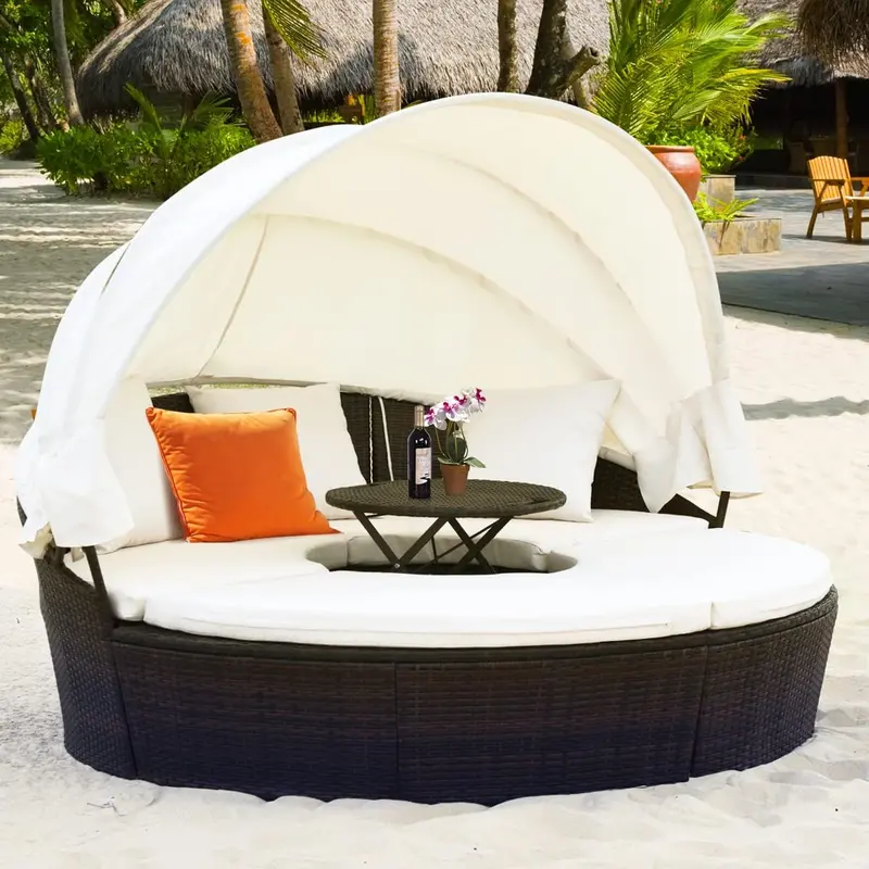 Rattan Round Patio Daybed with Adjustable Canopy, Cushions & Coffee Table – Green Outdoor Lounge Set