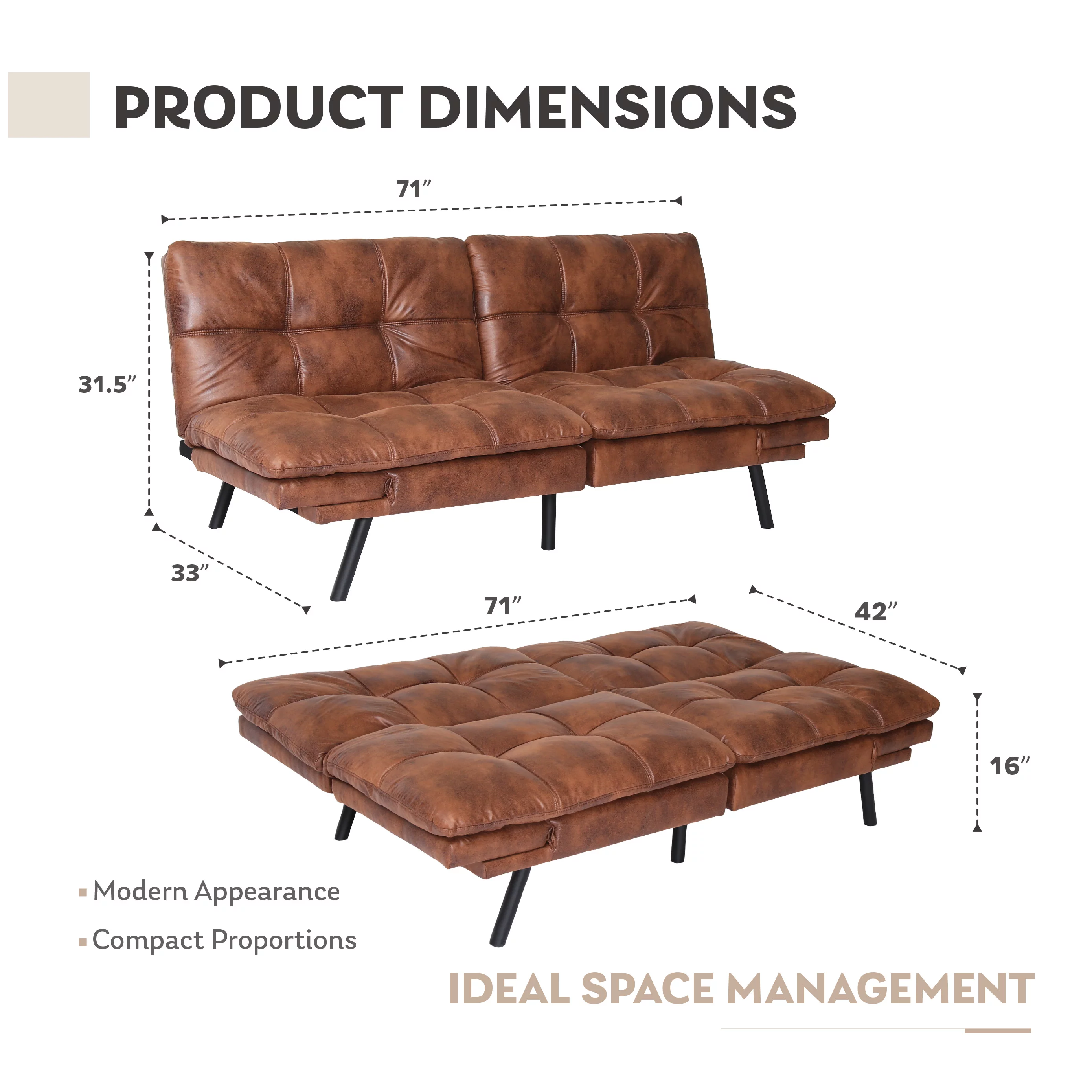 MLILY Convertible Futon Sofa Bed, Sleeper Sofa with Adjustable Armrest, Memory Foam Futon Couch, Brown