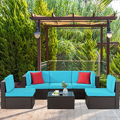 Shintenchi 6 Pieces Patio Furniture Sets Outdoor All-Weather Sectional Patio Sofa Set PE Rattan Manual Weaving Wicker Patio Conversation Set with Glass Table&Ottoman Cushion and Red Pillows, Beige