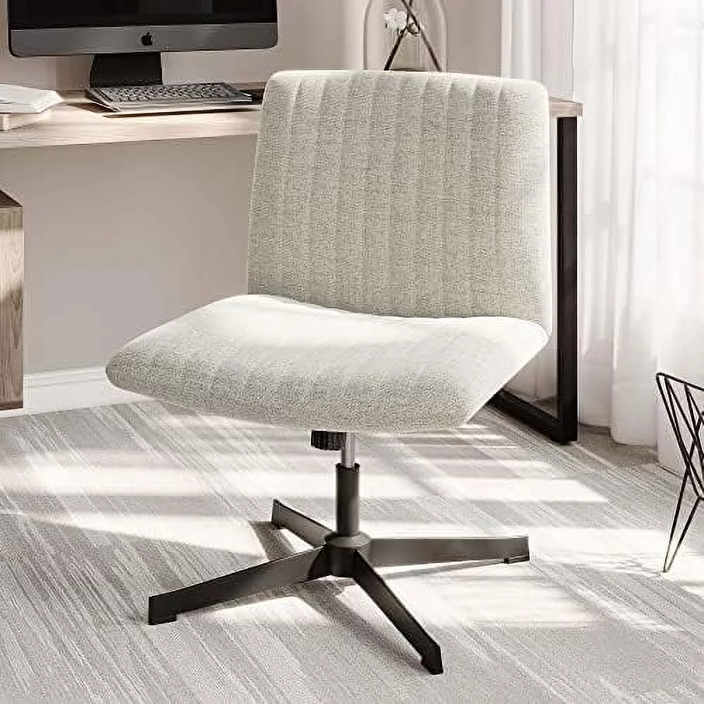 Armless Office Desk Chair, Back Home Office Chair No Wheels, Ergonomic Office Chair With Height Adjustment And Tilt Function, Wide Seat Desk Chair For Bedroom, Vanity - Maddox (Beige)