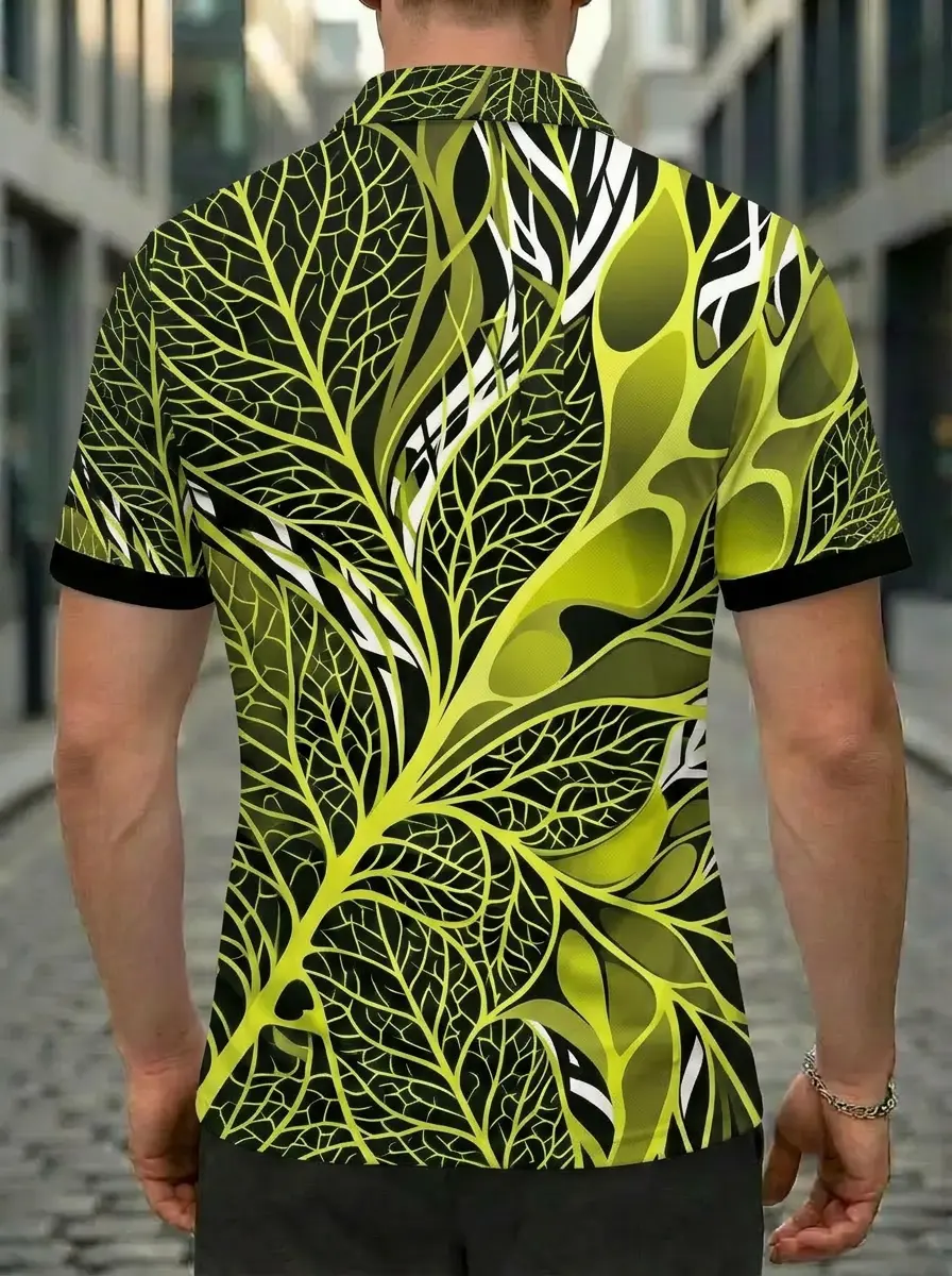Moisture Wicking Golf Polo 3D Green Black White Leaf Vein Button Short Sleeve Golf Polo Shirt