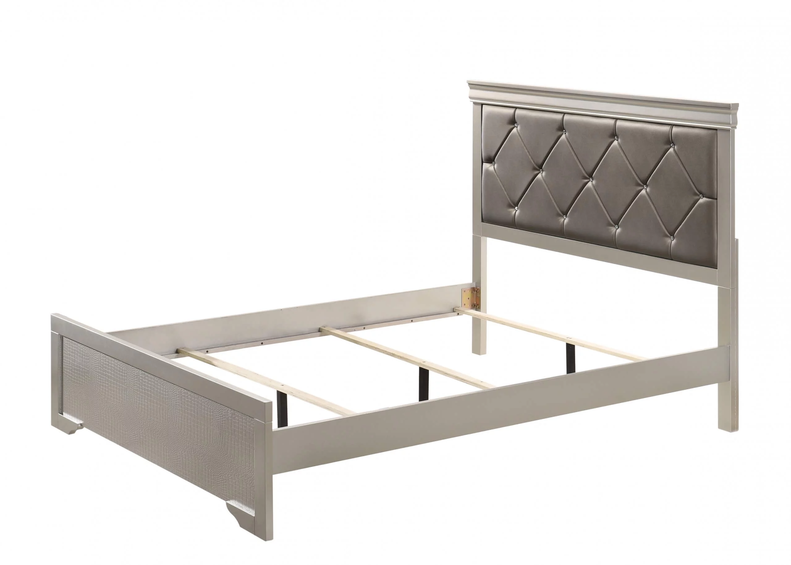 3Pc Silver Finish Full Size Panel Upholstered Button Tufted Headboard Bed Nightstand Set Wooden Bedroom Furniture