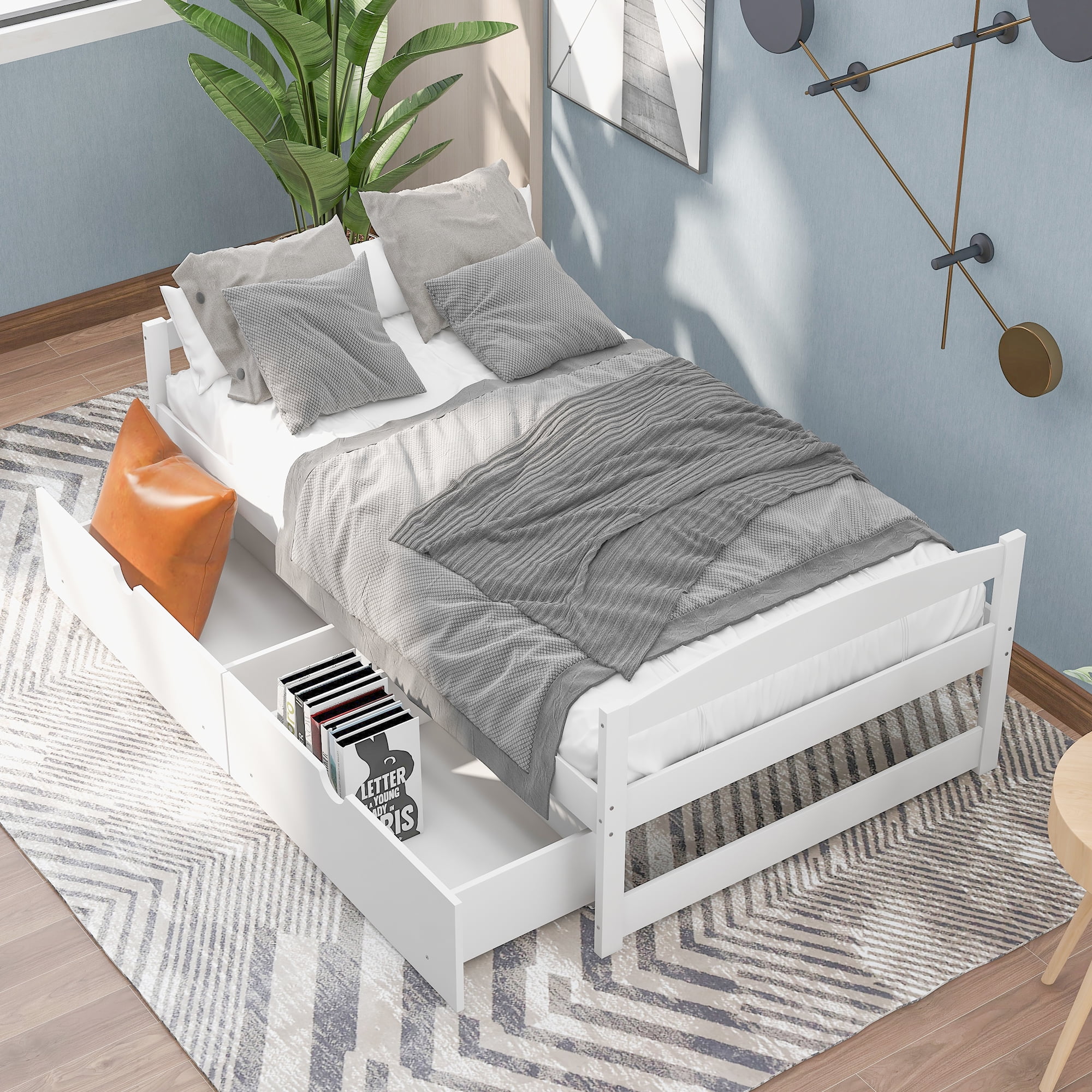 Double Platform Bed Classic Style Double Size Frame Double Bed Living Room and Bedroom Practical Single Bunk Bed with Two Drawers White