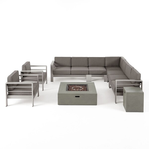Cape Coral Outdoor 9 Seater Aluminum LShaped Sofa Sectional and Fire Pit Set by Christopher Knight Home