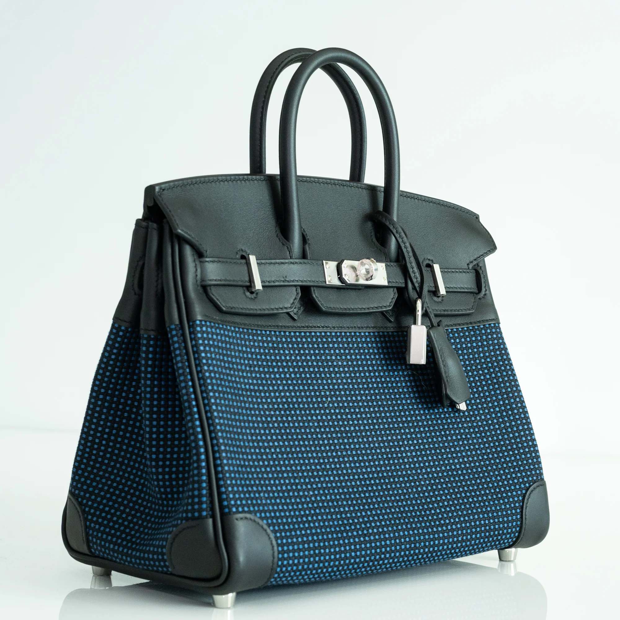 Hermès Birkin 25 Quadrille Bleu de Malte/Noir Toile Canvas Swift Palladium Hardware