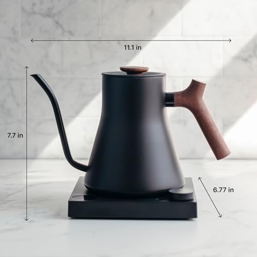 Electric Gooseneck Kettle – Pour-Over Coffee and Tea, Quick Heating, Precise Temperature Control, Scheduling, Built-in Brew Timer, Matte Black with Walnut Wood Handle, 0.9 Liter