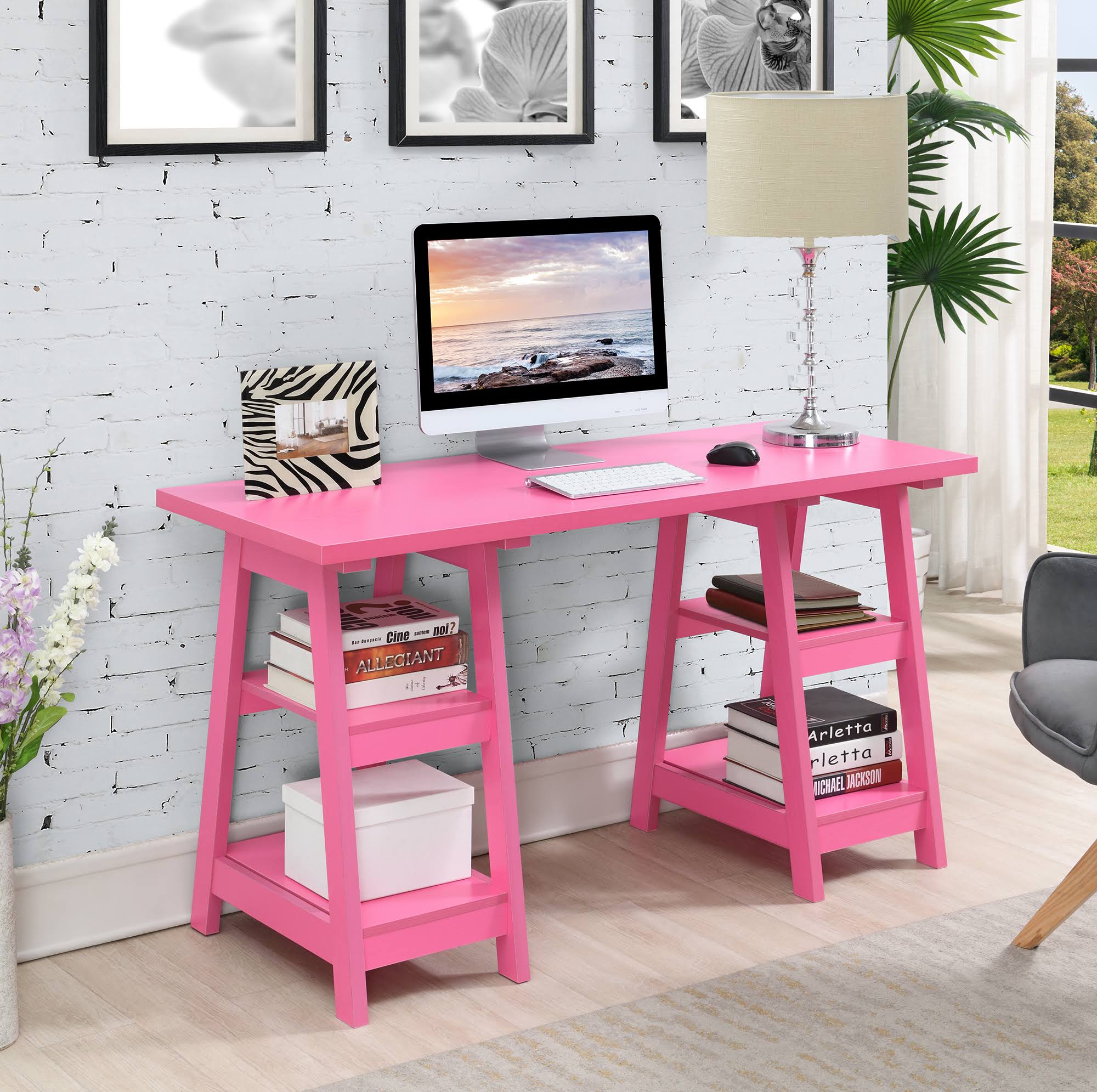 Convenience Concepts Designs2Go Double Trestle Desk, Pink