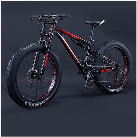 Fat Tire Bike for Men, 26 Inch 27 Speed Mountain Bike, 4 Inch Wide Tire Beach Snow Mountain Bicycle, Full Suspension Fork Dual Disc Brakes MTB with Adjustable Seat