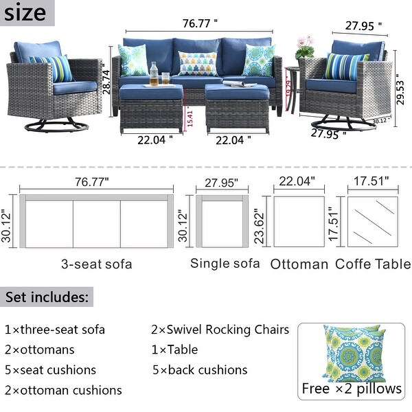 OVIOS 6piece Wicker Sectional Sofa Swivel Rocking Chair Set
