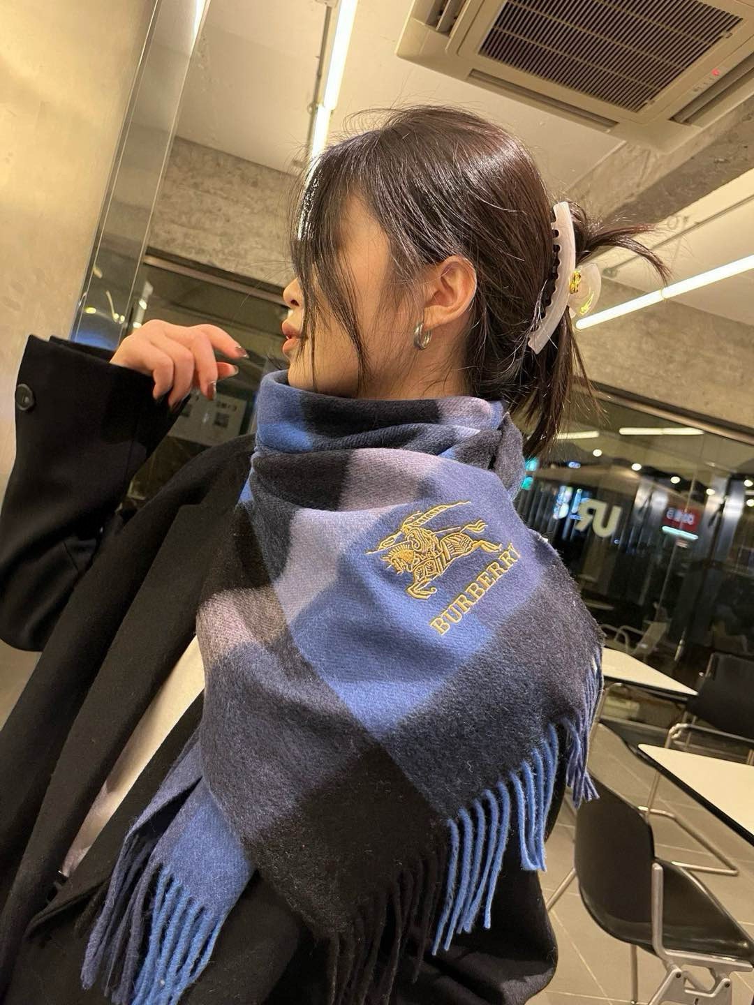 Burberry Cashmere Scarf Checkered Blue For Women 180cm