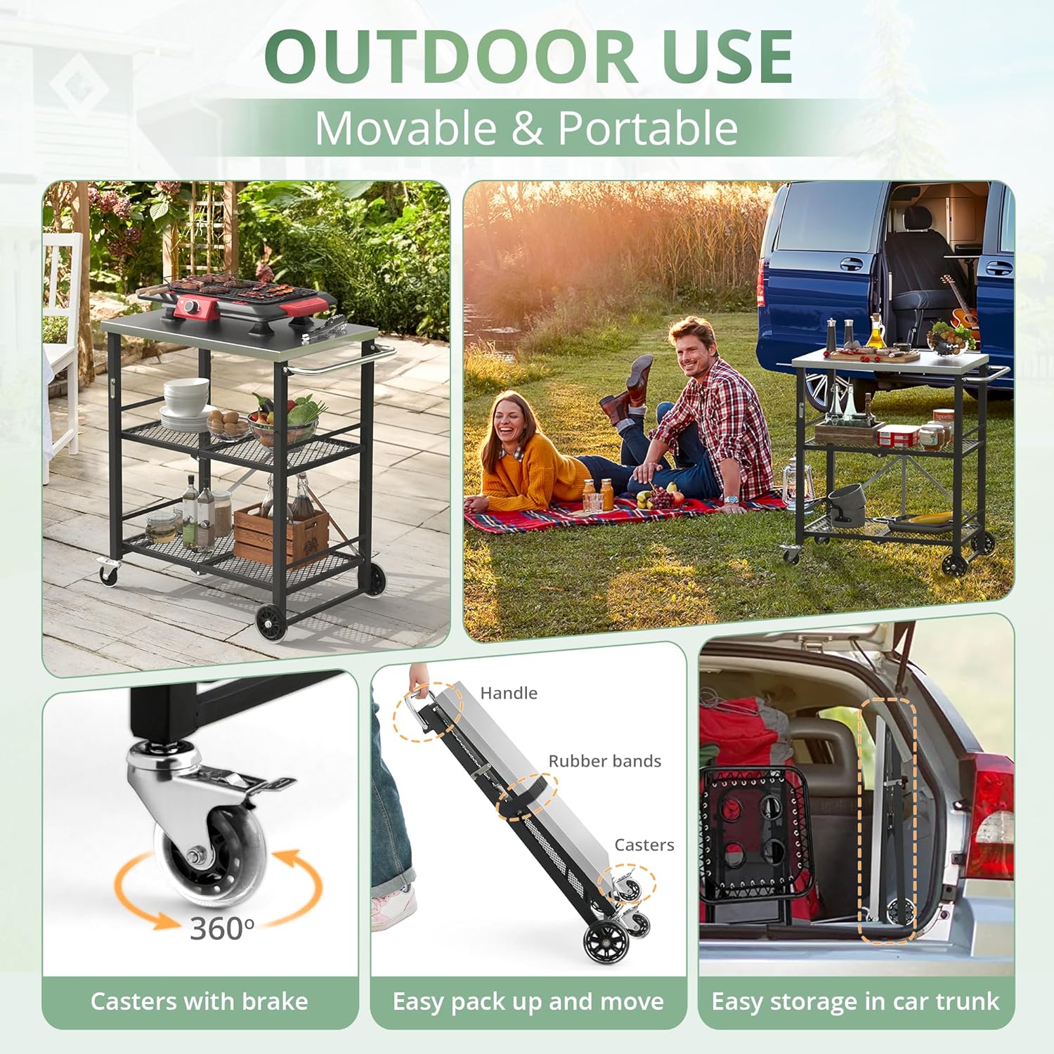 Foldable Outdoor Grill Cart with Total Lock Casters - Stainless Steel Pizza Oven Stand
