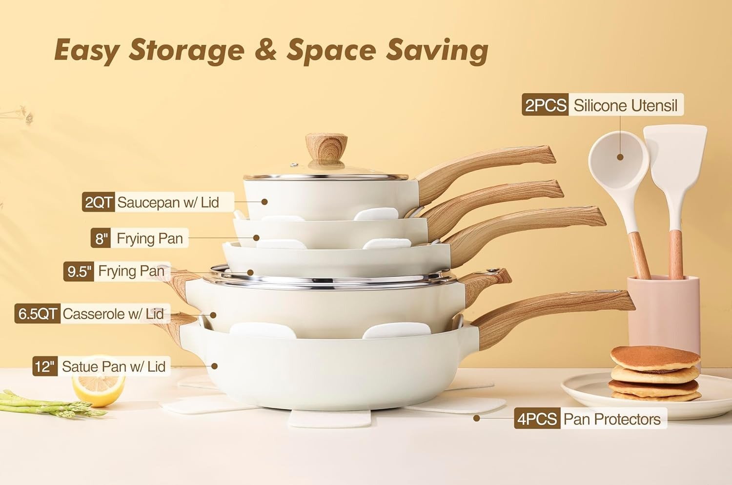 14-Piece Ceramic Nonstick Cookware Set Induction Compatible Non-Toxic Ceramic White