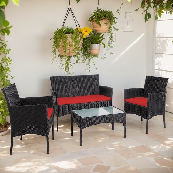4 Piece Patio Conversation Wicker Furniture Set,Outdoor Rattan Sectional Furniture Set With Cushions