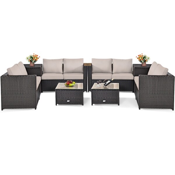 Gymax 8PCS Cushioned Rattan Patio Conversation Set w/ Coffee Table