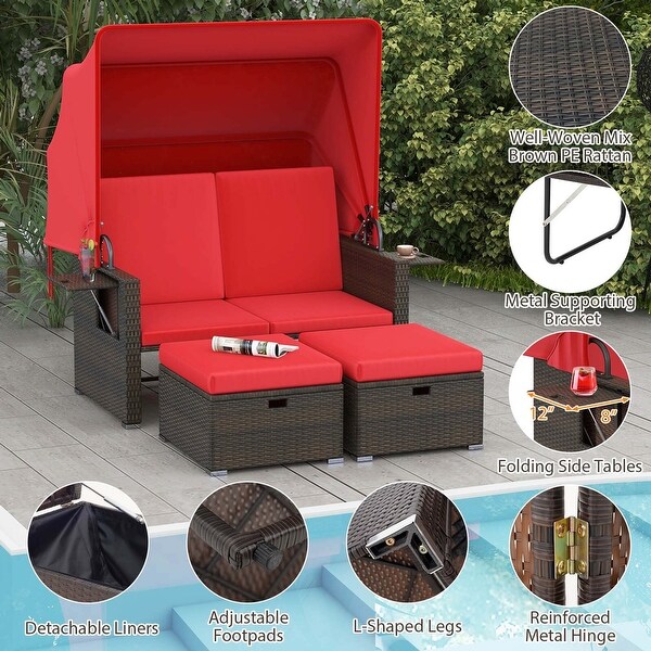 Patio Rattan Daybed w/Retractable Canopy Cushioned Double Bed Lounger