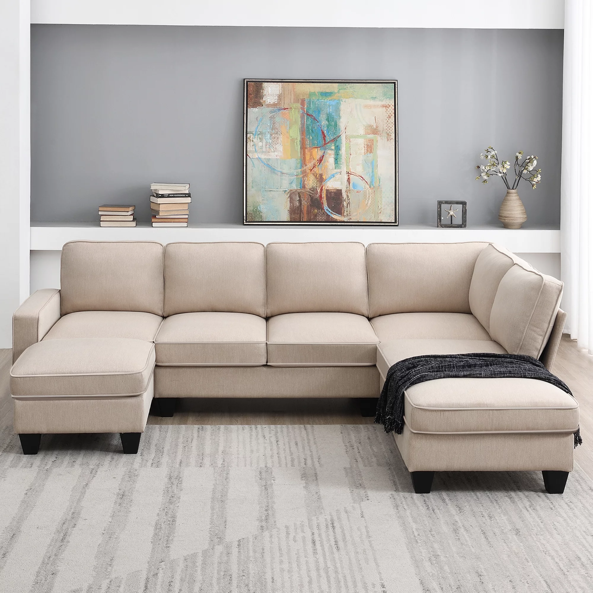 Euroco Modern L-Shaped Sofa 7-Seat Sectional Couch Set with Chaise Lounge and Ottoman for Living Room, Apartment, Office, Khaki, 104