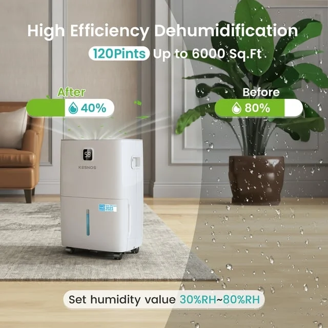 Energy Star Dehumidifier 6500 Sq. Ft- Ideal for Large Rooms, Home Basements and Whole House - Powerful Moisture Removal and Humidity Control - 120 Pint