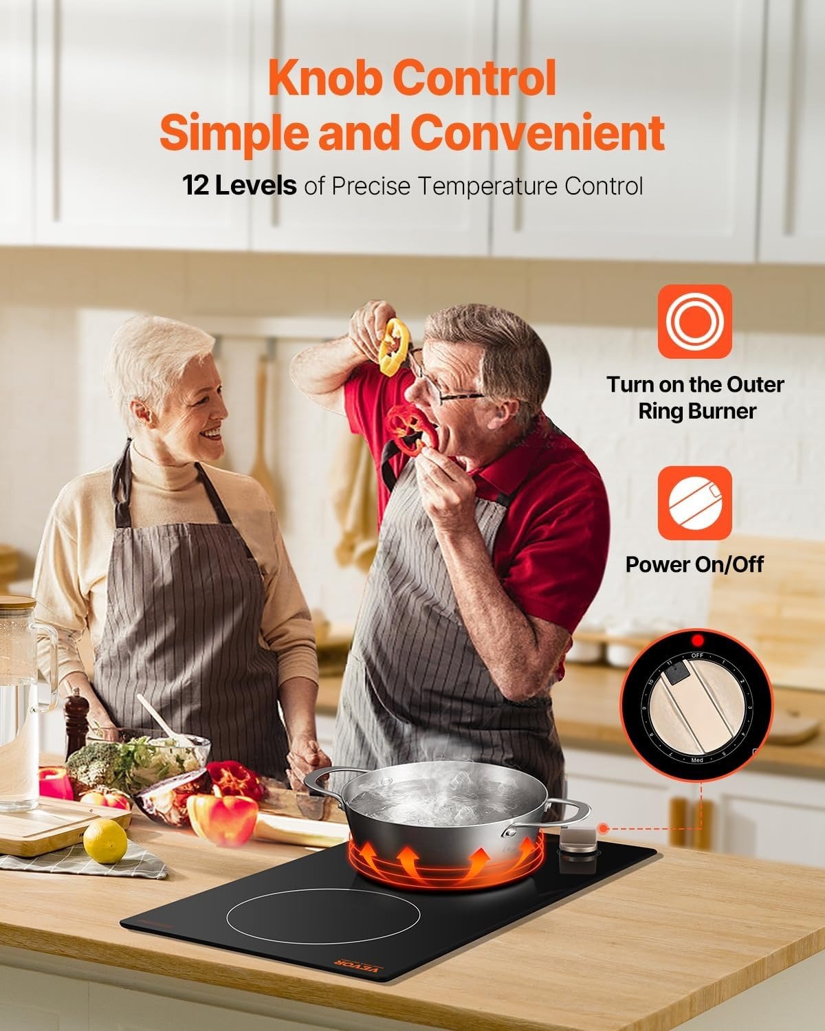 1800W Electric Countertop Burner, 2 Burner Knob Control Stove, Built-in Induction Cooktop with 12 Temperature Settings, Glass Surface, Auto Shut-Off