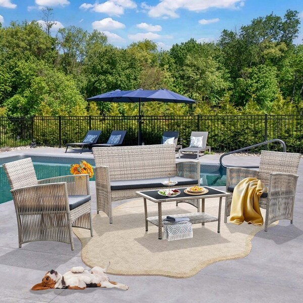 4Piece Rattan Wicker Patio Furniture Conversation Set with Coffee Table Bistro Set,Cushions Included🎃