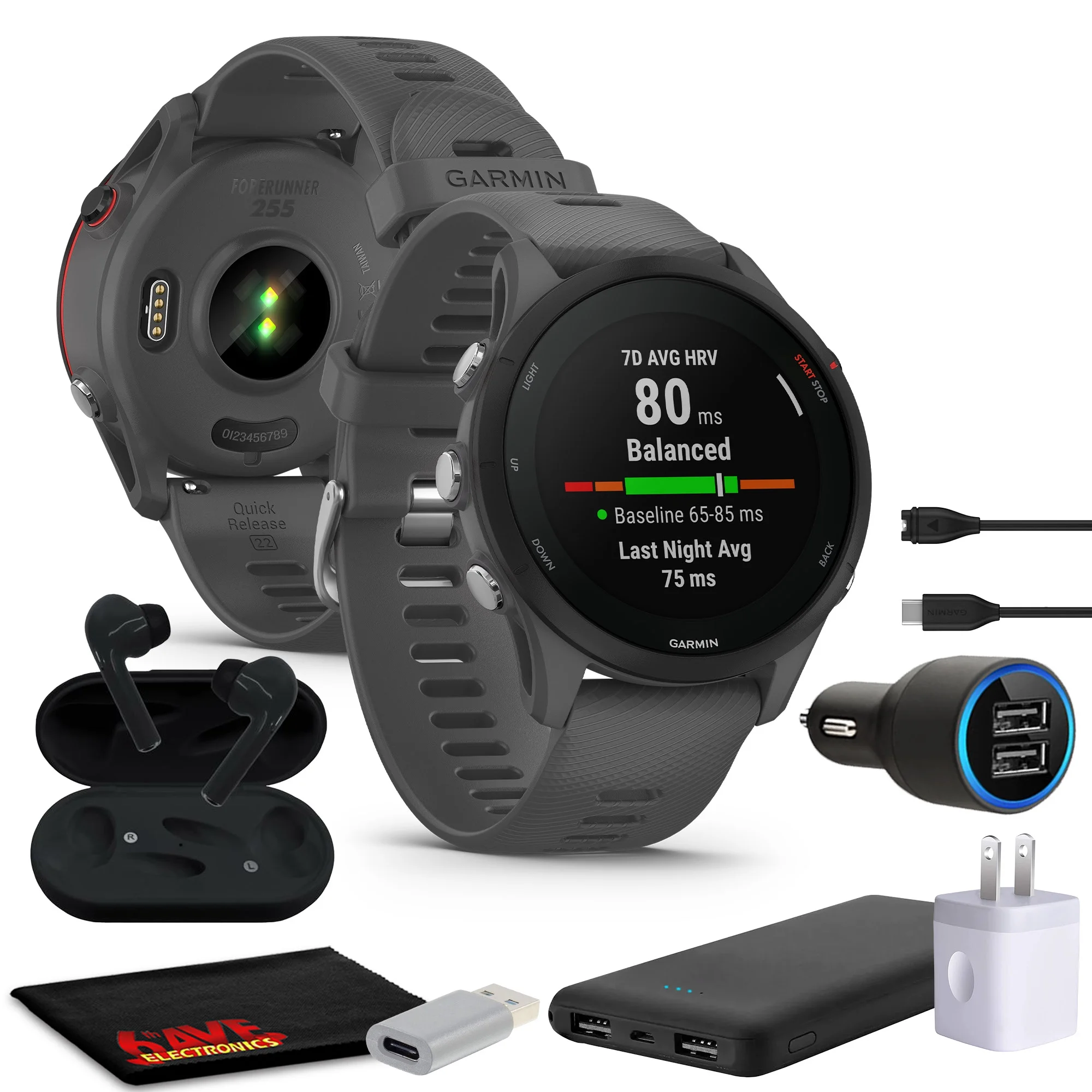 Garmin Forerunner 255 GPS Running Smartwatch, Advanced Insights, Long-Lasting Battery, 46MM Fitness Smart Watch for Men and Women Slate Gray, Bundle With Portable Charger And More