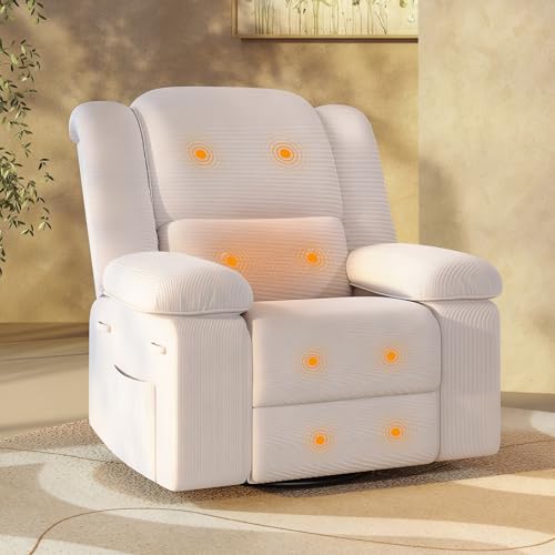 FLEXISPOT 360° Swivel Rocker Recliner, Oversized Massage Rocker Recliner Chair with Heating, Cup Holders, USB Charging Port, Swivel Glider Sofa for Living Room Nursery, Blue (XRC3)