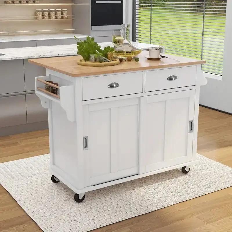 Rubberwood Kitchen Island Cart – Drop-Leaf Countertop, Sliding Barn Door Storage, Height-Adjustable & Mobile