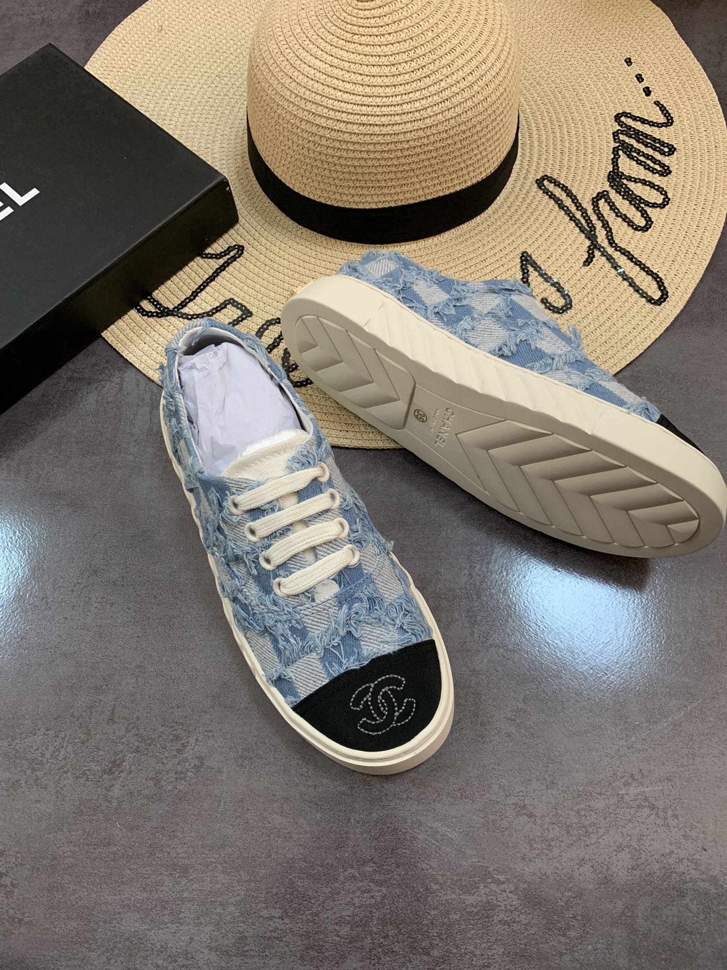 Chanel Cc Sneakers Mix Denim Blue