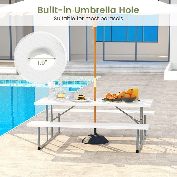 Folding Picnic Table Set with Metal Frame and AllWeather HDPE Tabletop,Umbrella Hole