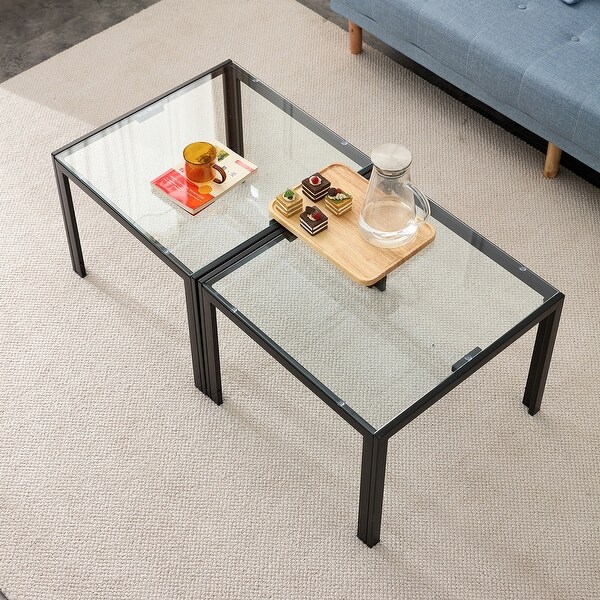 Coffee Table Set of 2,Square with Tempered Glass Finish