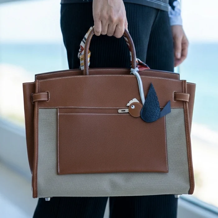 Hermès Birkin 35 À L'Envers Ficelle/Ecru Toile H & Fauve Barenia Faubourg Palladium Hardware