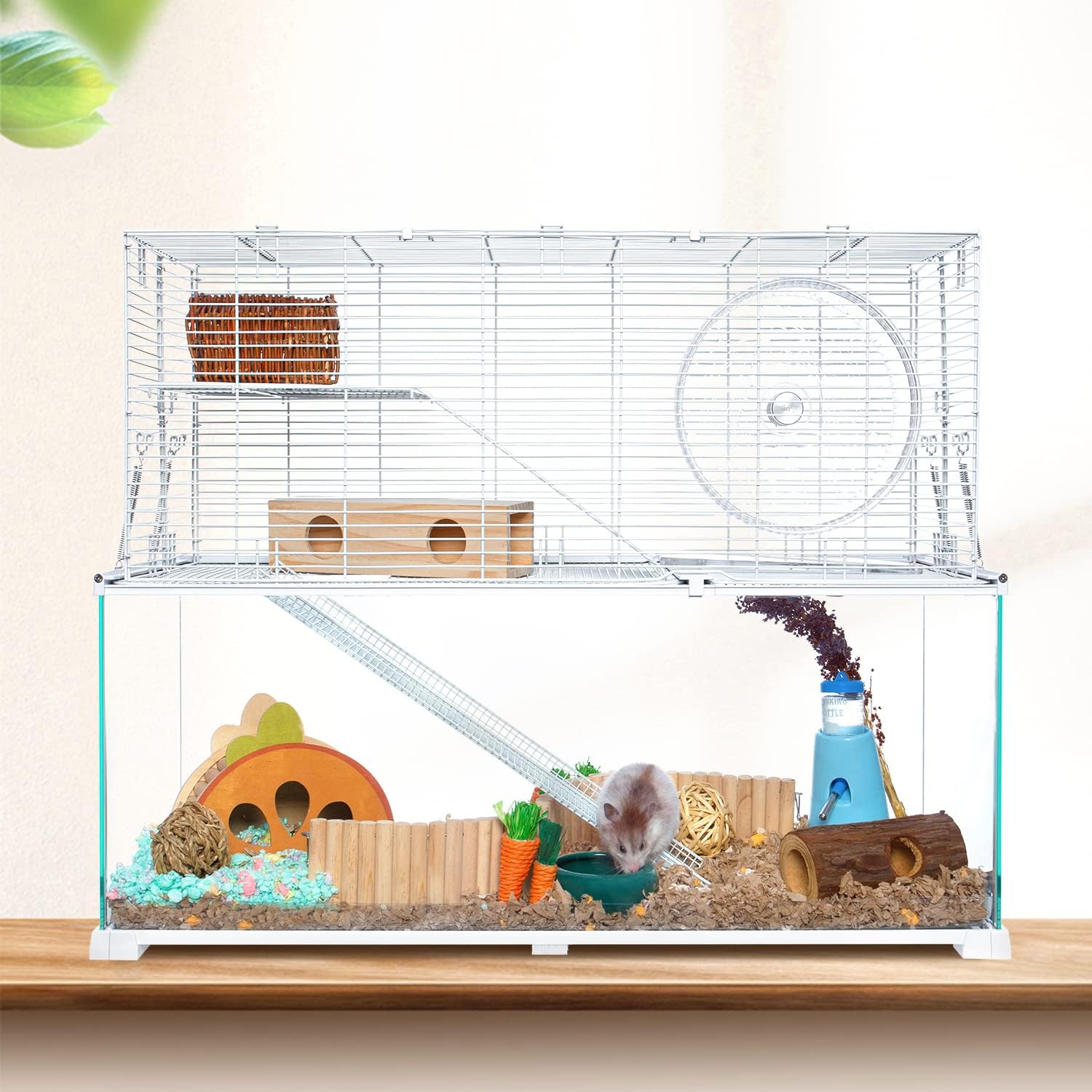3 Tiers Large Hamster Cages, Glass Hamster Cage Habitat with Openable Wire Topper, Gerbil Cage with Two Ladders Ramps and Removeable Waterproof PVC Tray, Easy to Clean