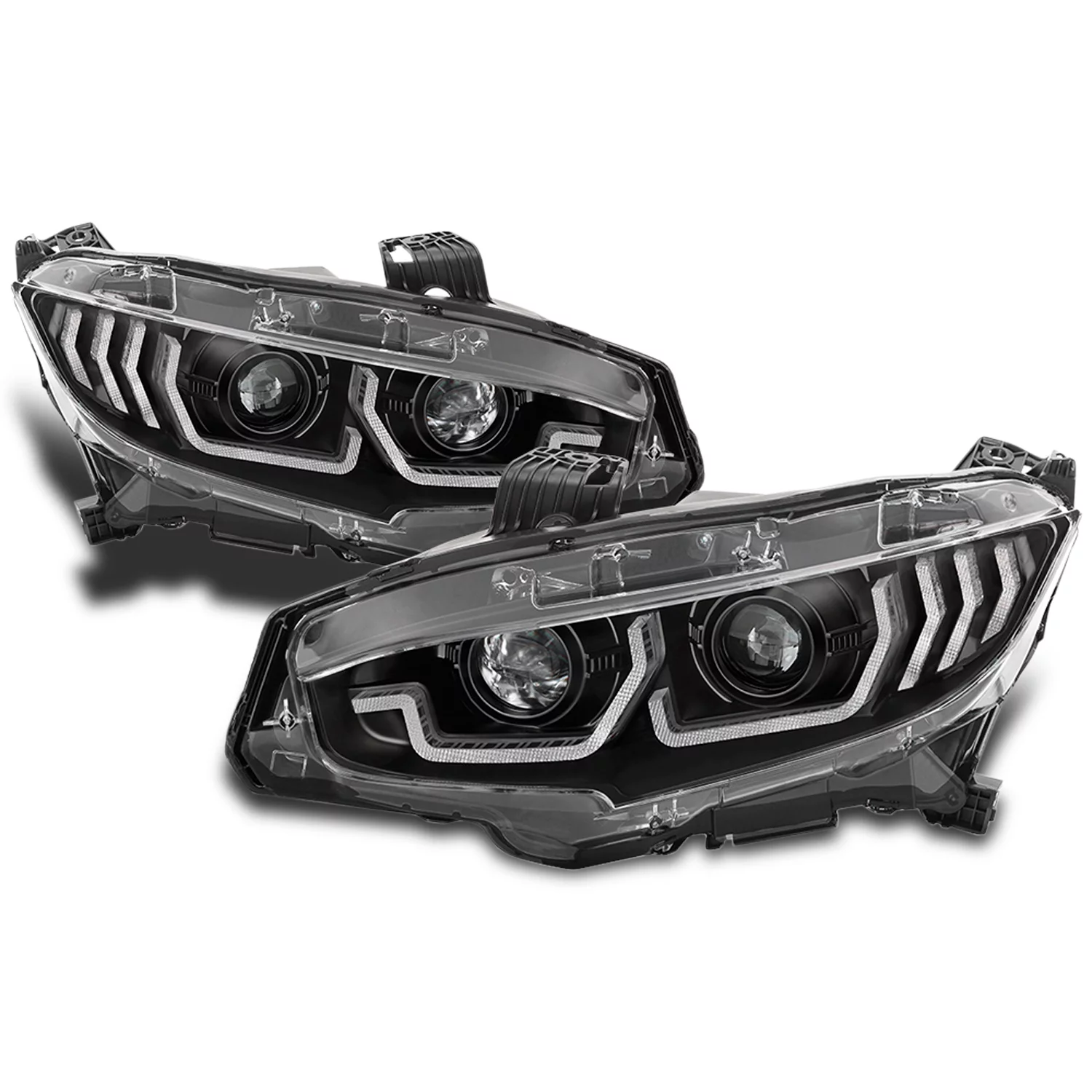AKKON - Fits 2016-2021 Honda Civic Sedan [Tube Light Bar] Sequential Side Signal Projector Black Headlights Pair Left + Right