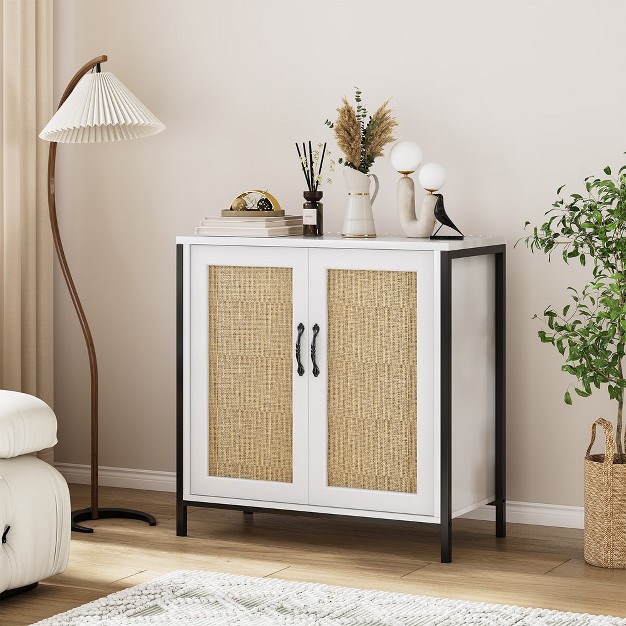 Trinity Sideboard Buffet Cabinet Kitchen Storage Cabinet With Rattan Decorated Doors For Bar Dining Room Hallway Cupboard Console Table White