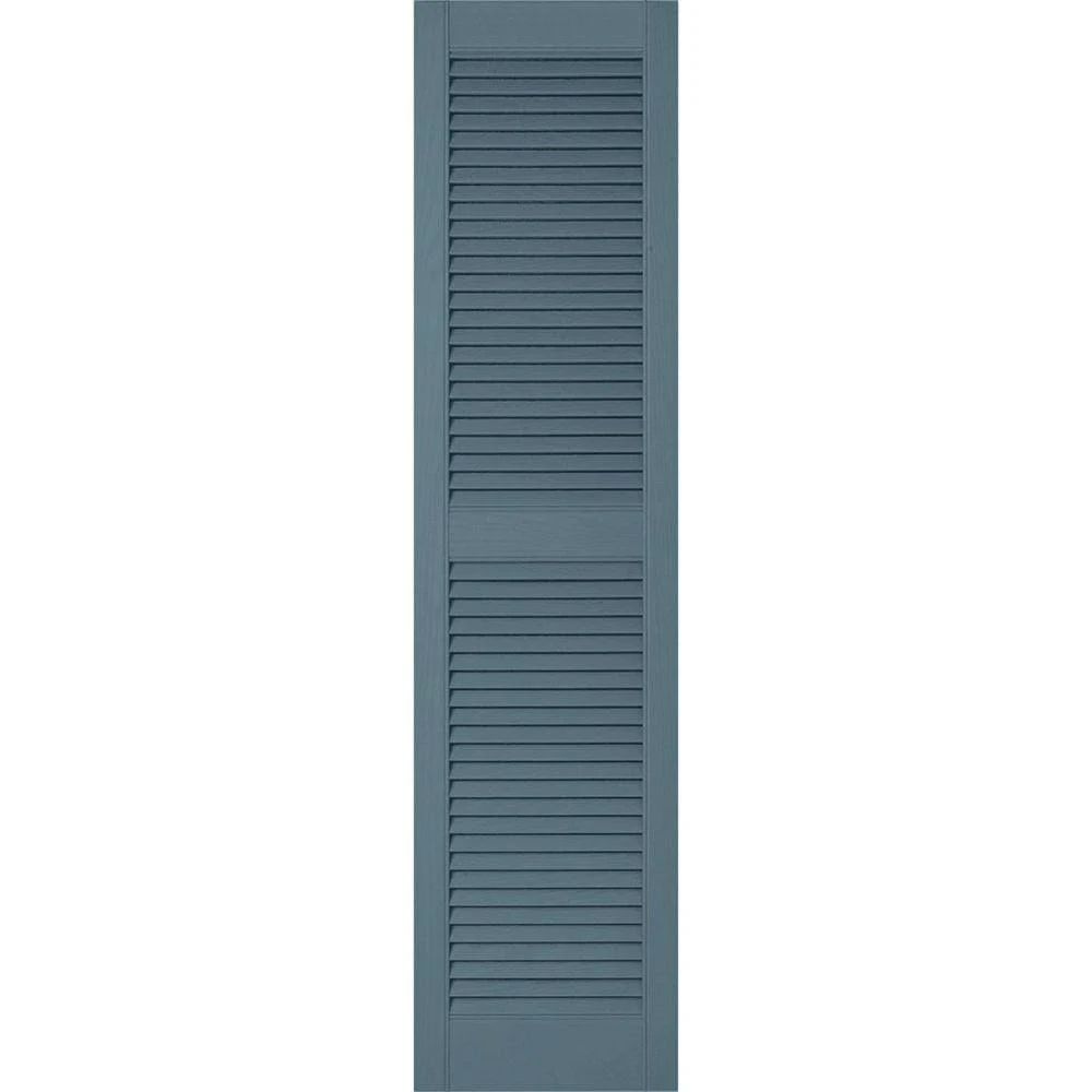18 inchw x 57 inchh Lifetime Vinyl, Custom Straight Top Center Mullion, Open Louver Shutters, Wedgewood Blue