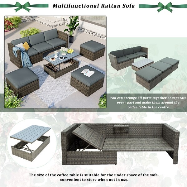 Roomfitters Patio Furniture Set,5Piece Wicker Sofa with Adjustable Backrest,Cushions,Ottomans,LiftTop Coffee Table