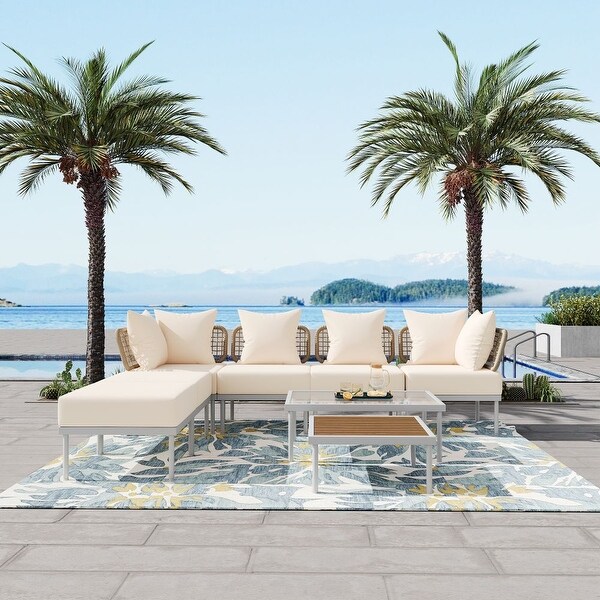 8Piece Patio Sectional Sofa Set with Tempered Glass Coffee Table and Wooden Coffee Table