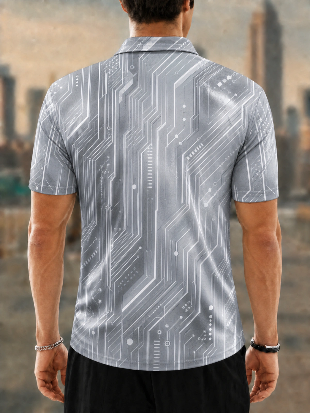Moisture Wicking Golf Polo 3D Silver Circuit Tech Line Button Short Sleeve Golf Polo Shirt