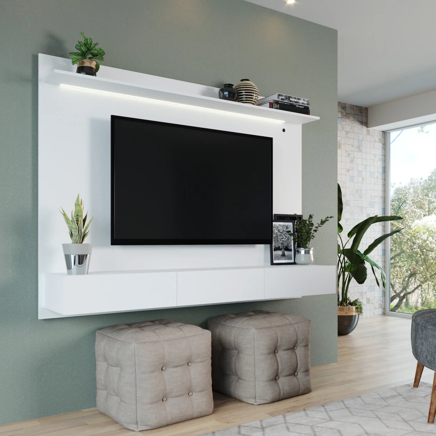 Bliss Floating Entertainment Center, Floating TV Stand Wall Mounted, Freestanding Wall Mounted Entertainment Center, Floating TV Wall Panel for 70 inch TVs with LED Strip, Drawers and Shelf - White